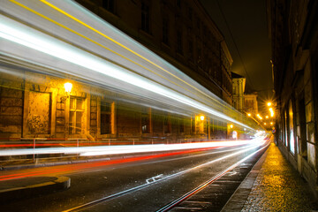 Fototapeta na wymiar Traffic in motion in the city of Prague at night