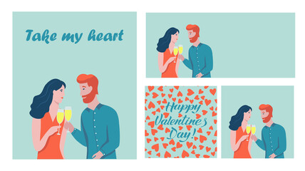 Set of templates and banners happy Valentine's day. A couple in love  drinks champagne. A man with a red beard and a woman with dark hair. Flat vector illustration.