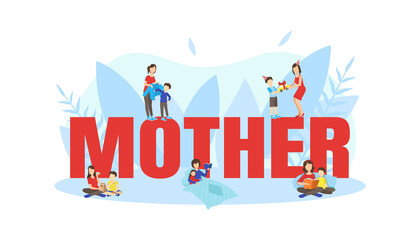 Mother Big Word with Tiny Parents and Children Spending Time Together Vector Illustration
