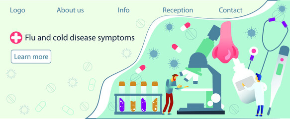 Flu and cold disease symptoms infographic, vector sick icon illustration. 
Thermometer. spray for nose, microscope, germs. Website vibrant 
blue landing web page template.