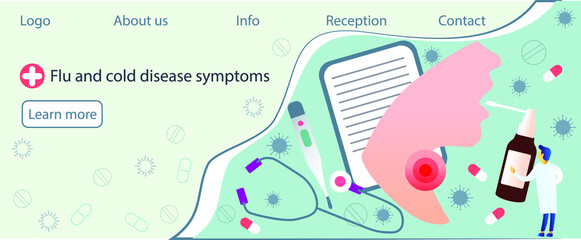 Obraz premium Spray for sore throat. Flu and cold disease symptoms infographic, vector sick icon illustration. Thermometer. spray, germs. Angina, pharyngitis, tonsillitis. Website vibrant blue landing web 