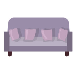 Purple sofa with four pillows on a white background. Isolated vector illustration in a flat style. Retro-style. Furniture for apartments and offices. For interior design.