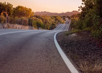 Fototapete Route 66 panorama landscape of beautiful amazing road with wonderful scenic view on Mallorca Majorca Spain taken at sunset sunrise dusk dawn with dreamy soft purple tones, clear sky and green trees and bushes  © Liza