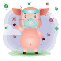 cute pig using face shield and mask.  Covid-19,  coronavirus vector illustration