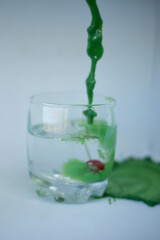 In a transparent glass with clean water, with cherries at the bottom, green paint is poured with a dynamic movement and colors the water green on a white background.