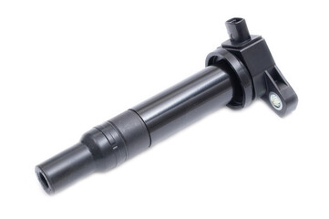 Black ignition coil for engine, isolated on white background