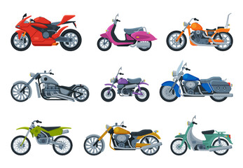 Fototapeta na wymiar Modern and Retro Motorcycles Collection, Motor Vehicles Transport, Side View Flat Vector Illustration