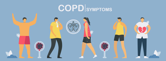 Main process of COPD symptoms starts from strong, sputum, tired, cough until heart attack. Lung have breathing problems and poor airflow. Pulmonology vector illustration.