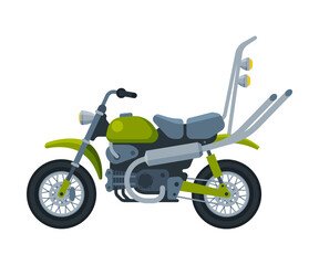 Green Motorcycle, Motor Vehicle Transport, Side View Flat Vector Illustration