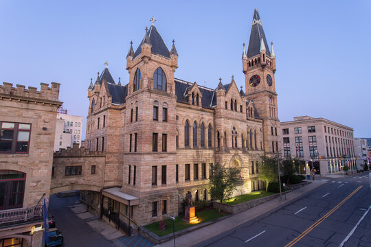 Scranton Municipal Bulding and bridge attaching the Fire Headquarters, shot in the early morning hours before sunrise in August, 2019.