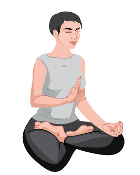 Mature woman sitting in lotus position and meditating with closed eyes