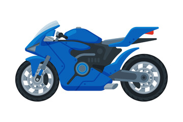 Modern Blue Motorcycle, Motor Vehicle Transport, Side View Flat Vector Illustration