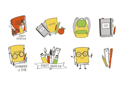 Set of hand drawn school objects. Cartoon style. Isolated objects.