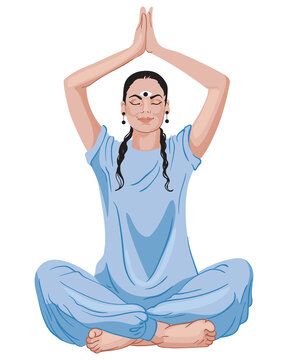 Mature Oriental Woman Sitting In Lotus Position With Hands Up. Blue Outfit And Dark Hair