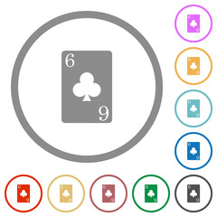 Six of clubs card flat icons with outlines