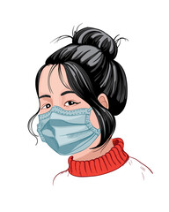 Chinese girl with dark hair and red sweater wearing a protective mask. Corona Virus idea