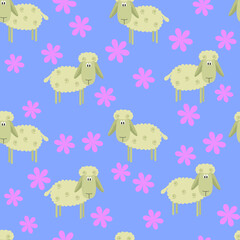 Cartoon sheep on a blue background with flowers. Delicate seamless vector pattern, background for packaging, Wallpaper, design, 