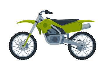 Motorcycle, Green Motor Bike Vehicle, Side View Flat Vector Illustration