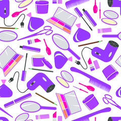 Set of cosmetics in flat in lilac color. Seamless vector pattern,