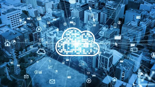 クラウドコンピューティング　都市とネットワークイメージ　SaaS　ICT　IoT