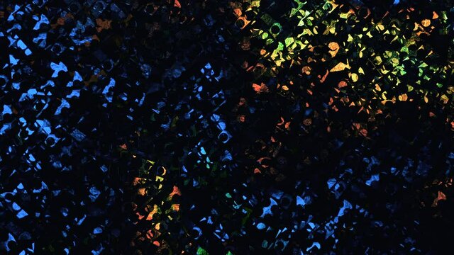 real shiny led light moving over silver rainbow holo foil, glitter awards dust background loop, cool dark rap music video transition or overlay. Holographic digital wrinkled foil texture in 4k.