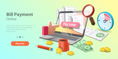 3d Vector concept illustration of bills online payment, secure mobile transaction, electronic shopping and banking. Template for website landing page.