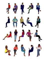 Sitting people flat vector illustration set (black people)