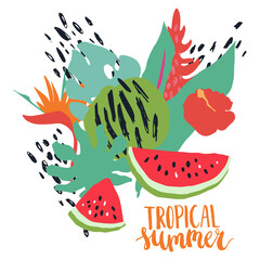 Minimal summer trendy vector illustration art in scandinavian style. Watermelon slice, exotic palm leaf, hibiscus, bird of paradise, flower and dots. Handwritten lettering phrase Tropical Summer