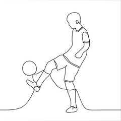 Professional soccer player kicks the ball. One continuous line drawing of a man in soccer uniform with a soccer ball is training. Vector illustration of an athlete