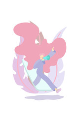 The girl leaves the smartphone, speaks into the loudspeaker and raised her hand up with the index finger out. Vector illustration in flat style concept of influencer, political statement, protest