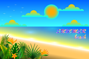 Fototapeta na wymiar Sunset time on the summer beach with tropical leaves. free vector illustration