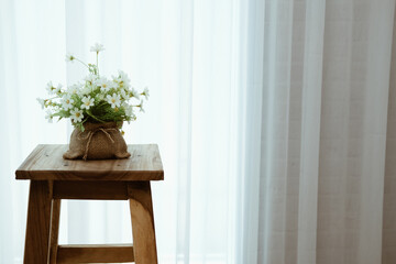 plant pot on wooden stool chair beside see through window curtain