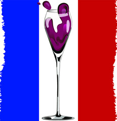 Wineglass of red wine on French flag background. Traditional 
French drink. Template for wine list cover, poster
