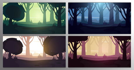 Set of Forest landscape Backgrounds at the different time. Day, Morning, Sunset and Night. Vector Illustration.