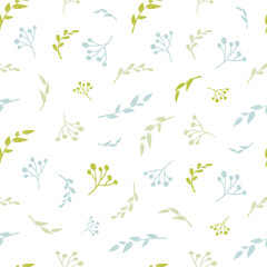 Floral vector seamless pattern. Blue and green leaves on white background. Abstract floral pattern. Vector illustration. Simple design for fabric, wallpaper, scrapbooking, textile, wrapping paper