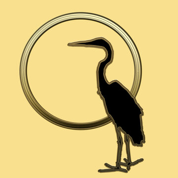 Illustration of a great blue heron in an Art Deco style with a circle on light gold yellow background