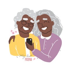 Portrait of smiling Black african american old womens. Happy friends holding each other. Happy friendship day. Old people with smartphone