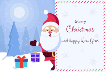 We Wish you a Merry Christmas. Happy new year. Santa Claus character with big signboard. Holiday greeting card with Christmas snow. Isolated vector illustration.
