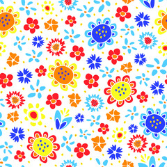 Seamless vector pattern with hand drawn flowers on white background. Beautiful hippy floral wallpaper design. Summer bloom vintage fashion fabric.