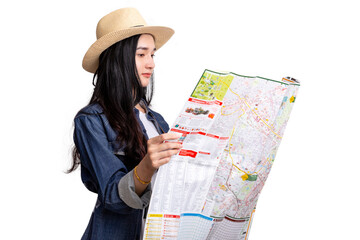 Beautiful young asian woman traveler with map on white background