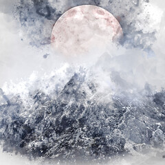 Digital watercolor painting of Epic digital composite image of Supermoon above mountain range giving very surreal fantasy look to the dramatic landscape image