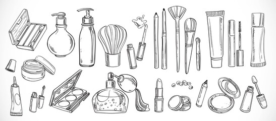 Big set of doodles on cosmetics pencil, brush, blush, lipstick, mascara on a white background
