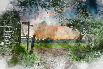 Digital watercolor painting of Stunning English countryside Summer sunset landscape image with footpath signposted through warm field