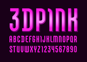 3D pink font, trendy alphabet, modern condensed letters and numbers for your design, vector illustration 10eps