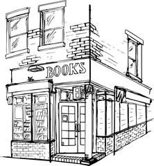 Sketch doodling illustration of book shop in New York. Vector illustration isolated on white background. Corner Perspective. Monochrome background. Travel, leisure. Design for banner, postcard.