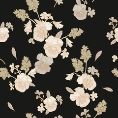 Vector floral seamless pattern with beige pansies, and forget me not flowers on black background