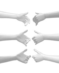 White Female Hand Gesture Item Hold. Set of Various Views. 3D Render Isolated on White Background.