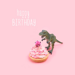 happy birthday greeting card. dinosaur and cupcake on pink background.  creative minimal concept