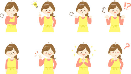 Variation set of young woman wearing yellow apron