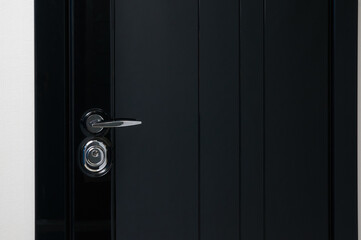 Glossy black metal entrance door with details: handle, open closed lock, hinges and threshold.